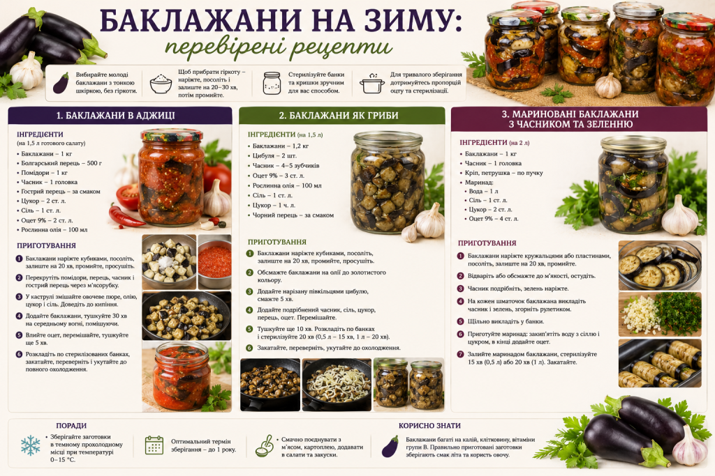 Інфографіка з трьома рецептами консервованих баклажанів на зиму та покроковим приготуванням.