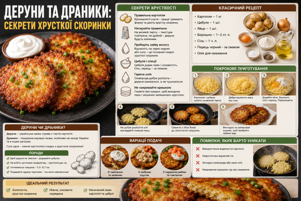 Інфографіка про приготування дерунів із порадами, покроковим рецептом та секретами отримання хрусткої скоринки.