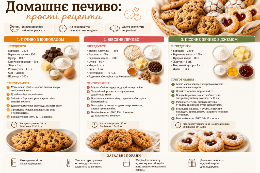 Інфографіка з трьома простими рецептами домашнього печива, інгредієнтами, покроковим приготуванням і порадами.
