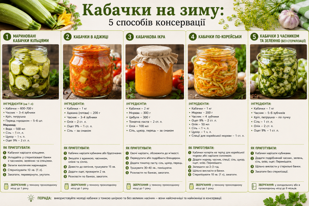 Інфографіка з п'ятьма популярними способами консервації кабачків на зиму, рецептами, інгредієнтами та порадами.