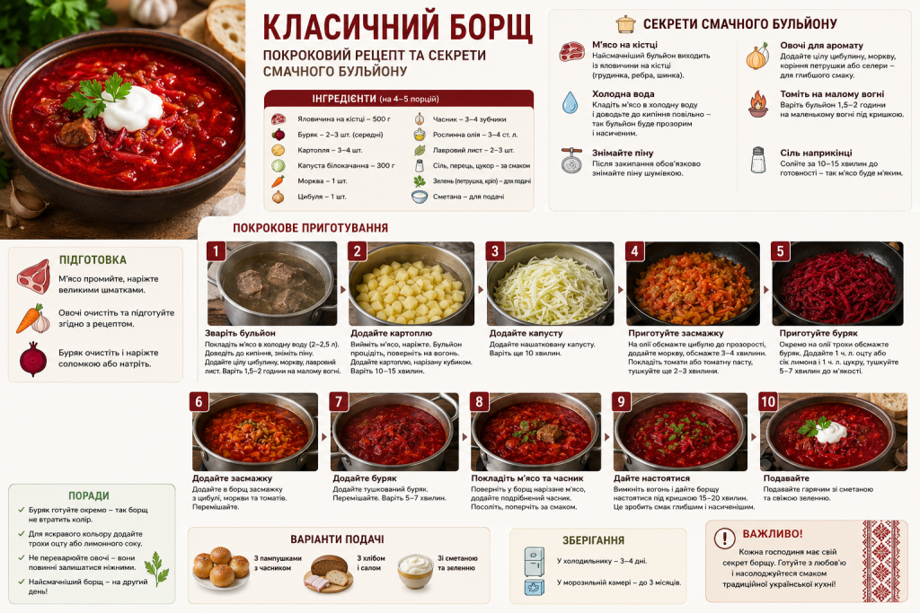 Інфографіка з інгредієнтами, покроковим рецептом і порадами для приготування борщу