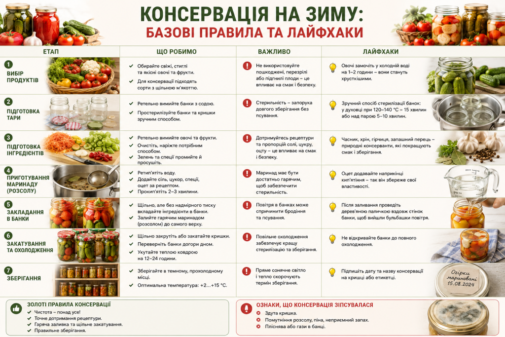 Інфографіка про правильну консервацію овочів із порадами та етапами приготування