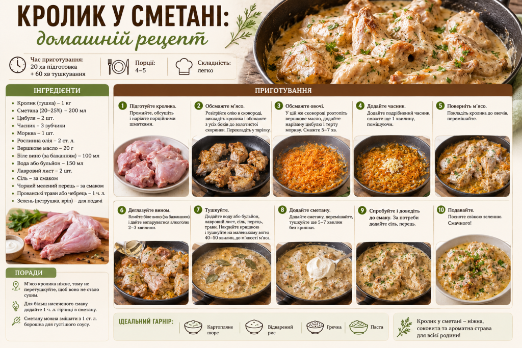 Інфографіка з інгредієнтами та покроковим приготуванням кролика у сметанному соусі