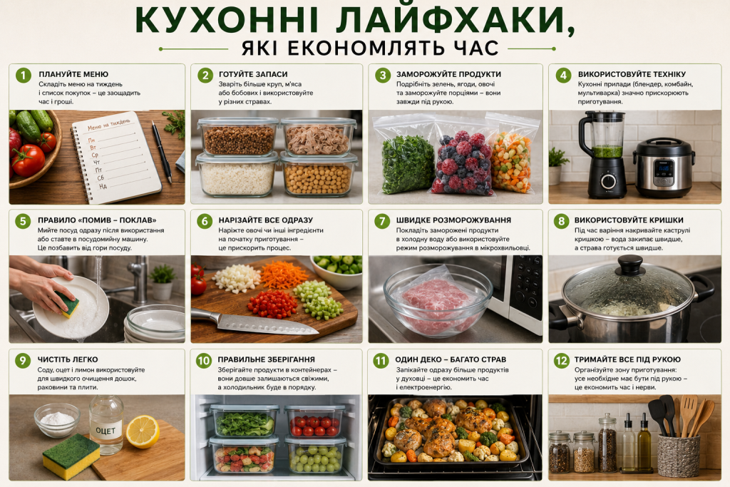 Інфографіка з дванадцятьма кухонними лайфхаками для швидкого приготування їжі та організації кухні.