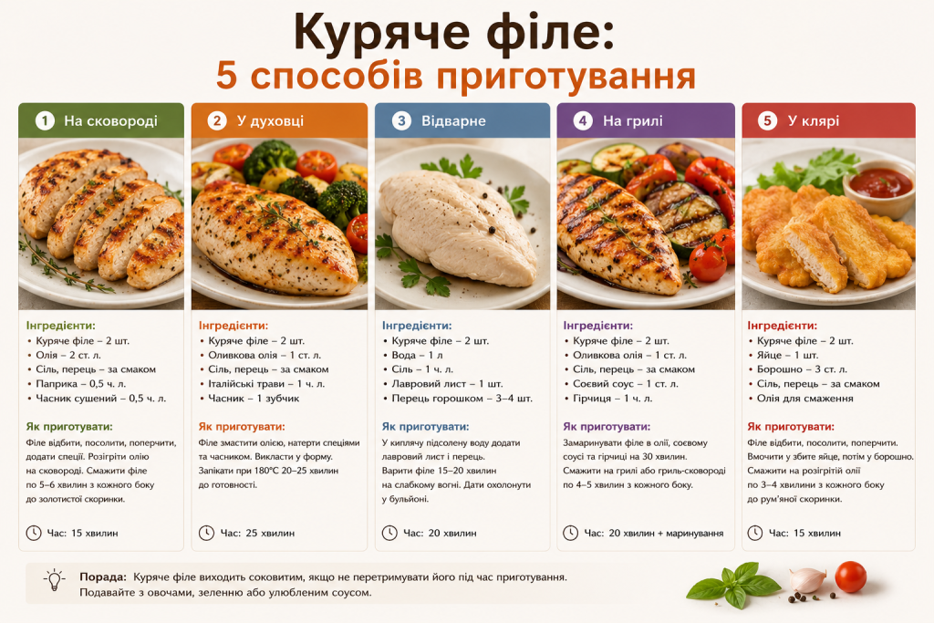 Інфографіка з п'ятьма способами приготування курячого філе: на сковороді, у духовці, варене, на грилі та у клярі.