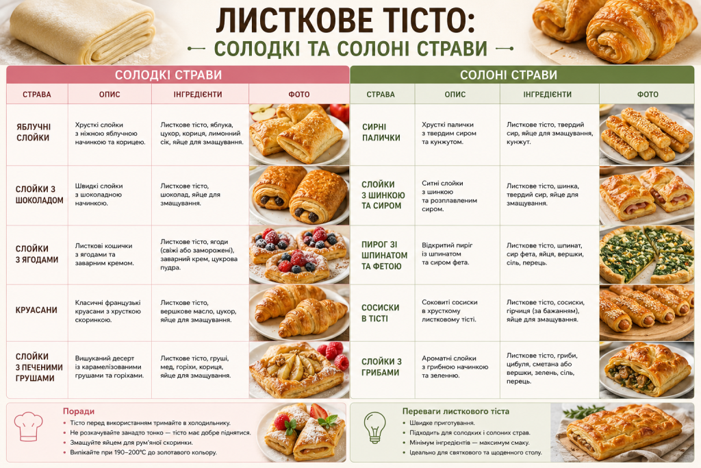 Інфографіка з популярними рецептами солодкої та солоної випічки з листкового тіста.