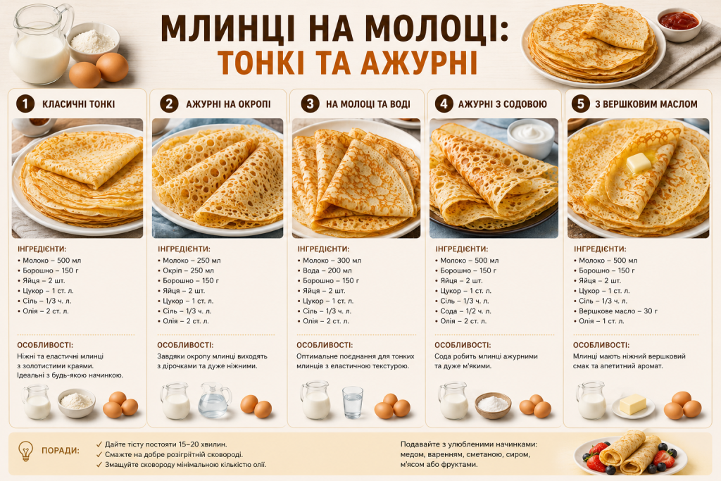 Інфографіка з п'ятьма рецептами тонких і ажурних млинців на молоці, інгредієнтами та порадами з приготування.