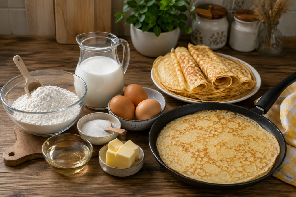 Млинці на молоці: рецепт тонких і ажурних млинців Борошно, молоко, яйця, масло та готові тонкі млинці поруч зі сковородою на кухонному столі.