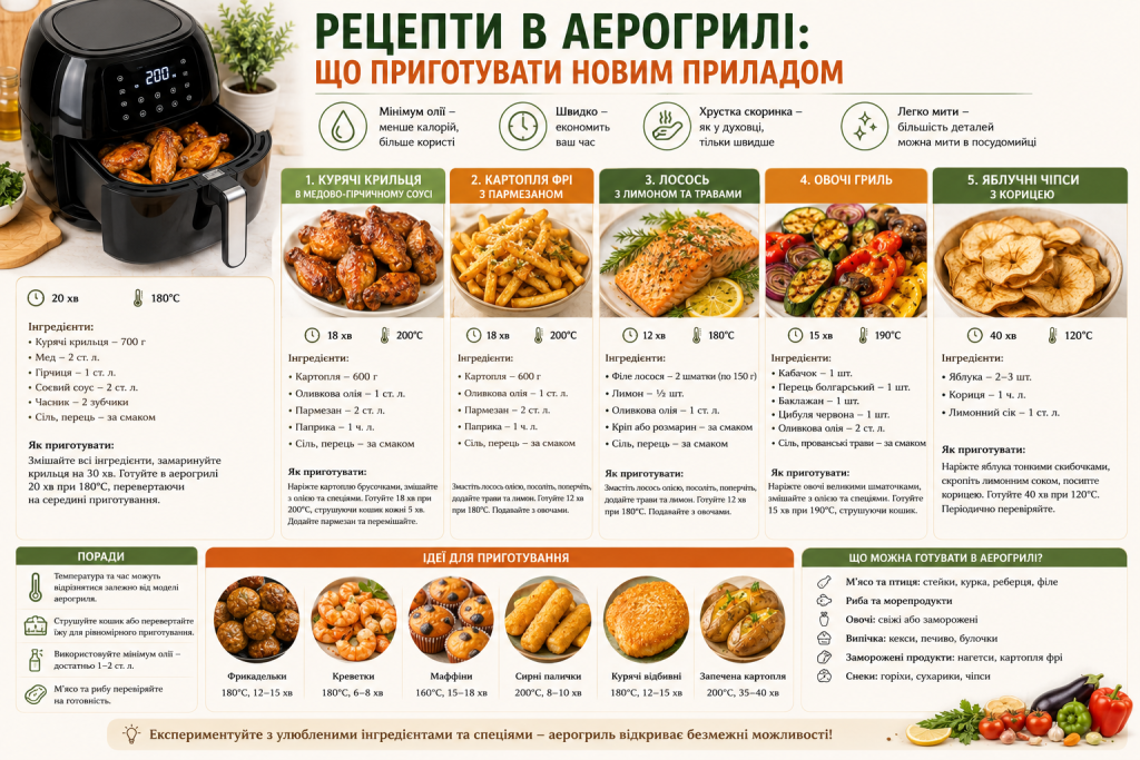 Інфографіка з популярними рецептами та порадами для приготування страв в аерогрилі