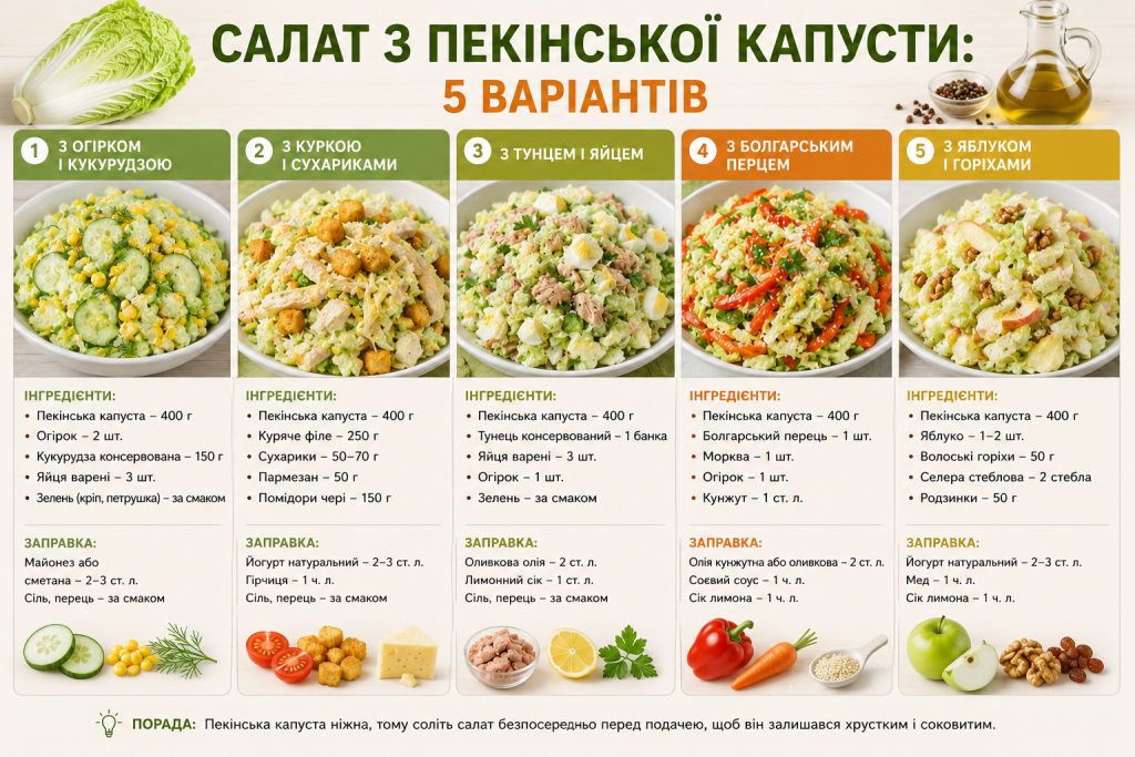 Інфографіка з п'ятьма рецептами салату з пекінської капусти та різними інгредієнтами