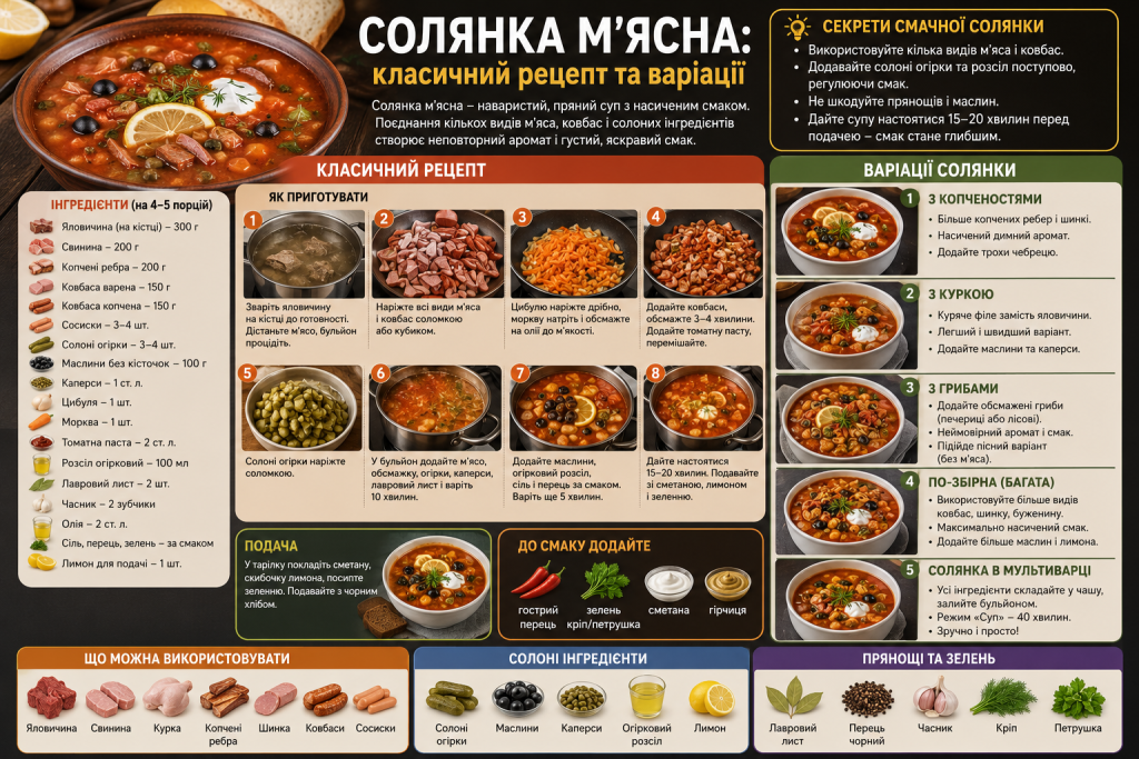 Інфографіка з класичним рецептом м'ясної солянки, покроковим приготуванням, інгредієнтами та варіантами страви.