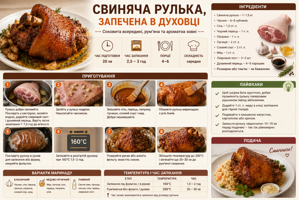 Інфографіка з інгредієнтами, етапами приготування та порадами для запеченої свинячої рульки