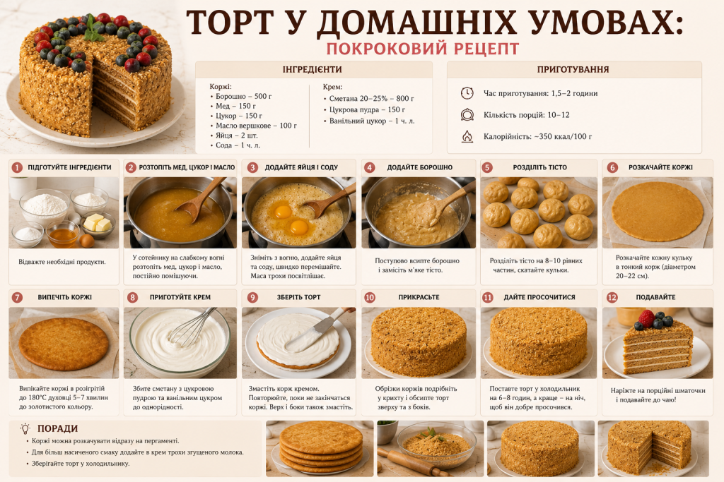 Інфографіка з інгредієнтами та покроковим приготуванням домашнього торта