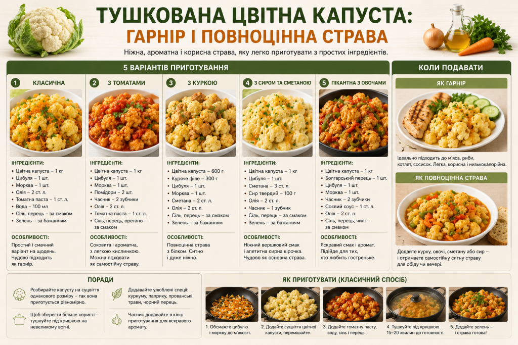 Інфографіка з варіантами приготування тушкованої цвітної капусти та покроковим рецептом
