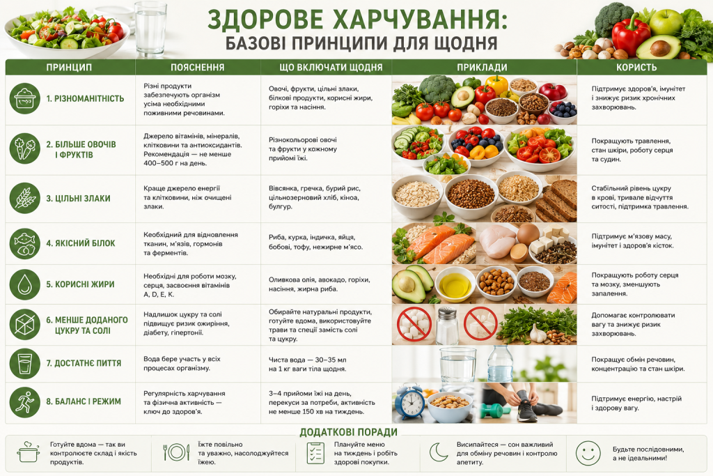 Інфографіка з основними принципами здорового харчування, корисними продуктами та рекомендаціями для щоденного раціону.