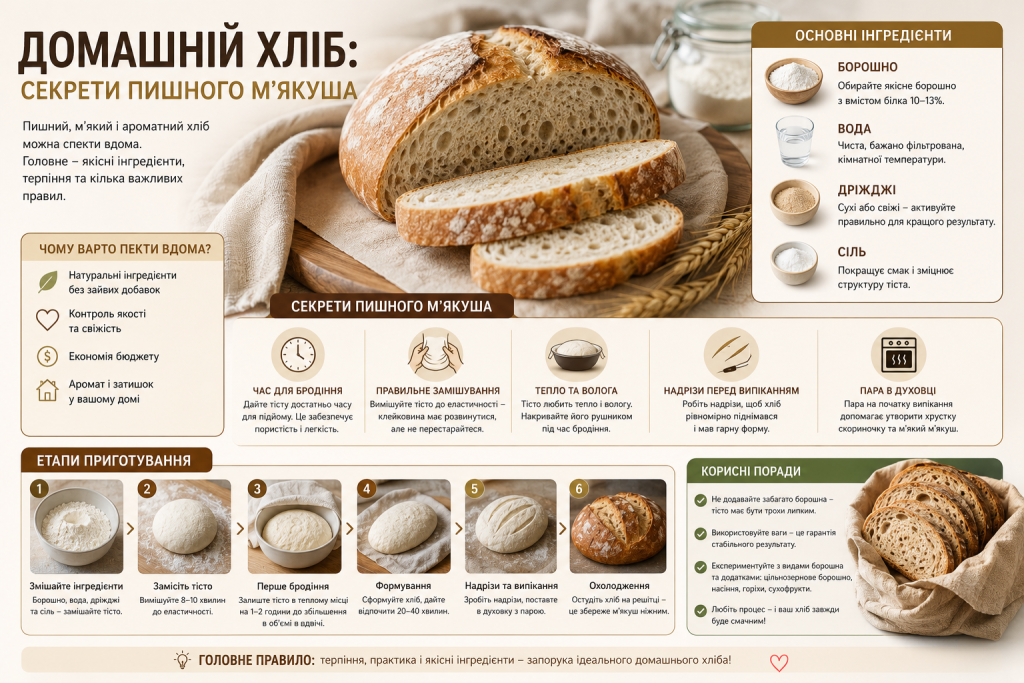 Інфографіка про приготування домашнього хліба, основні інгредієнти, етапи випікання та секрети пишного м’якуша