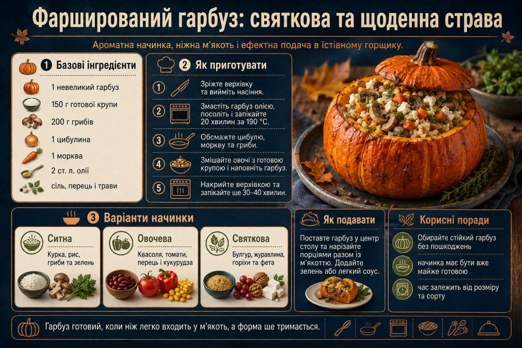 Інфографіка з рецептом фаршированого гарбуза, базовими інгредієнтами, етапами приготування та варіантами начинки.
