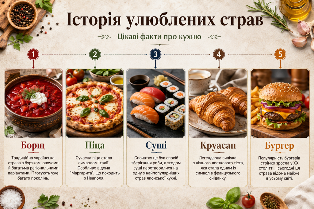 Інфографіка про історію популярних страв світу — борщу, піци, суші, круасанів і бургерів