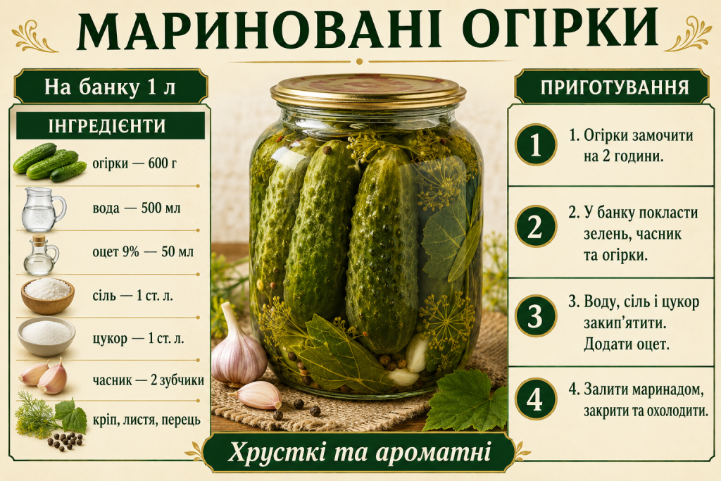 Інфографіка з рецептом маринованих огірків, переліком інгредієнтів і етапами приготування