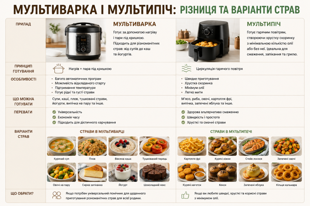 Порівняльна інфографіка про мультиварку та мультипіч, принцип роботи, переваги й приклади страв