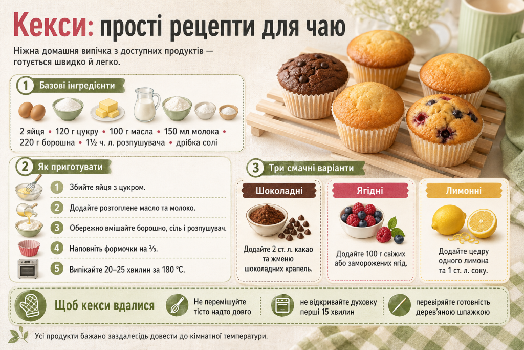 Інфографіка з простим рецептом кексів до чаю та варіантами шоколадної, ягідної й лимонної начинки.