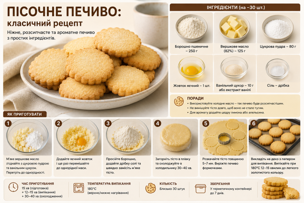 Інфографіка класичного рецепта пісочного печива з інгредієнтами, етапами замішування тіста та випікання