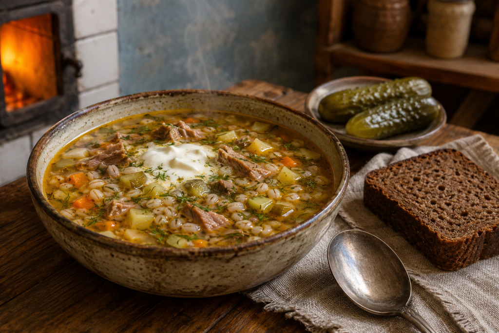 Тарілка домашнього розсольнику з перловкою, м’ясом, овочами та сметаною