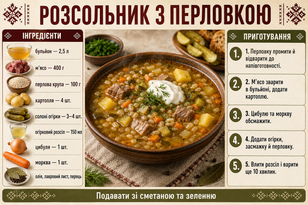 Інфографіка з рецептом розсольнику з перловкою, м’ясом, картоплею та солоними огірками