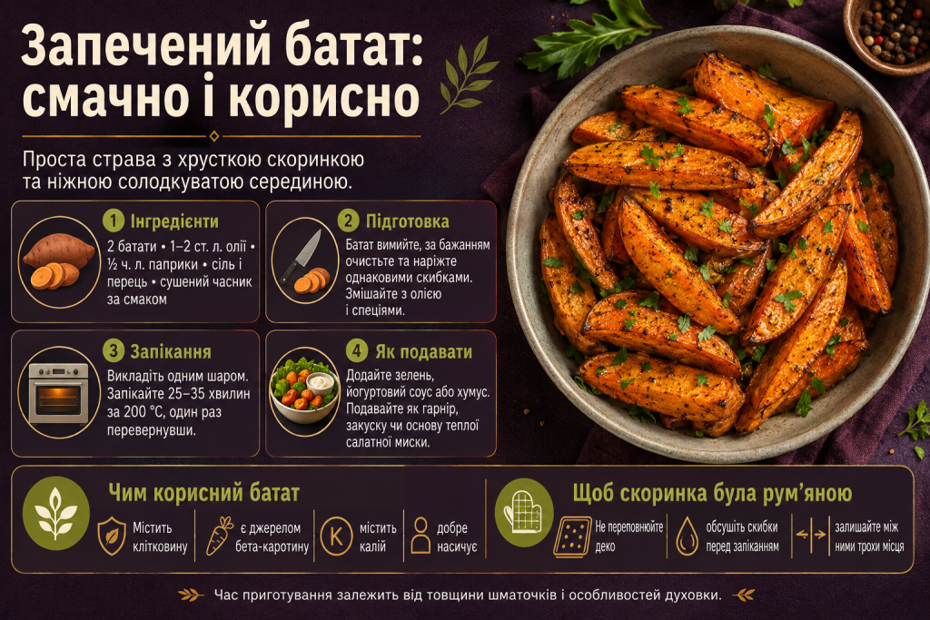 Інфографіка з рецептом запеченого батату, інгредієнтами, способом приготування та порадами для хрусткої скоринки.