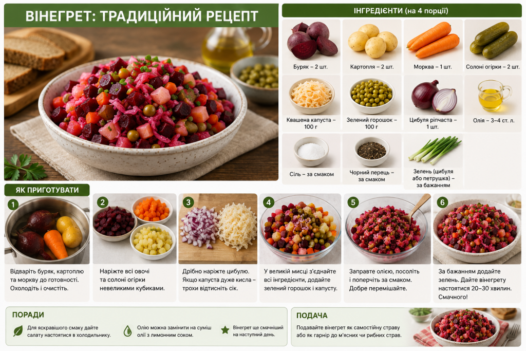 Інфографіка рецепта вінегрету з буряком, картоплею, морквою, огірками, горошком та покроковим приготуванням