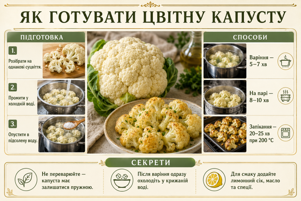 Інфографіка про способи приготування цвітної капусти — варіння, приготування на парі та запікання