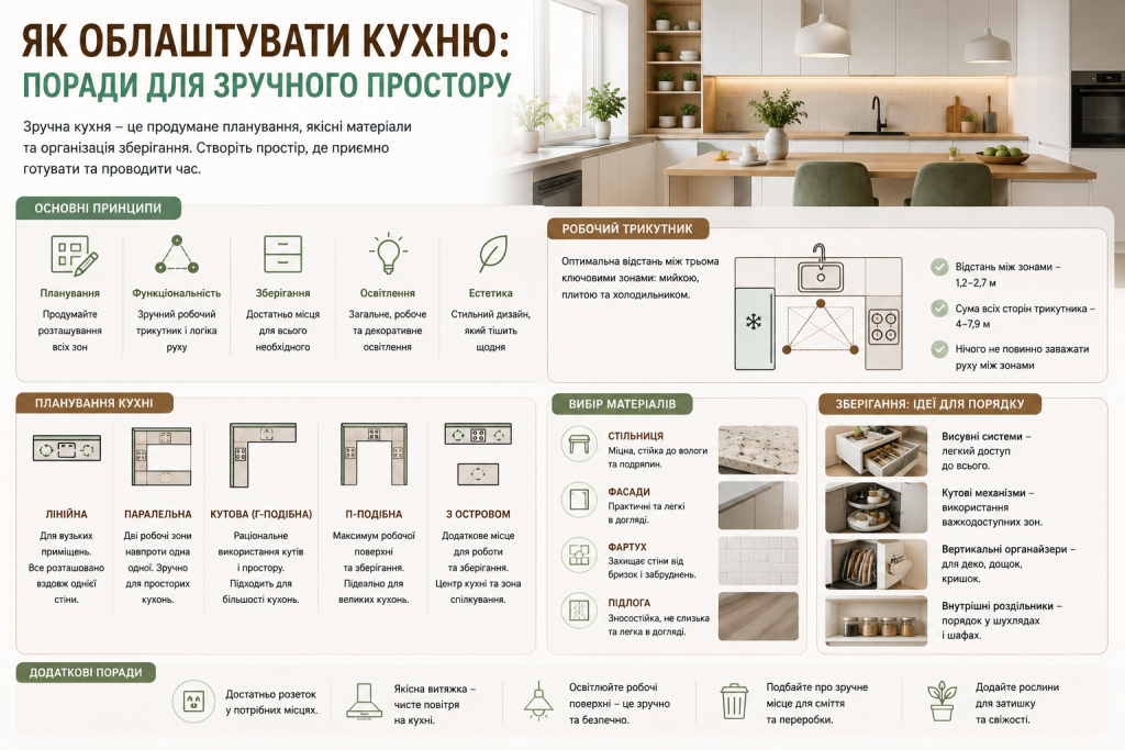 Інфографіка про планування кухні, робочий трикутник, вибір матеріалів, освітлення та системи зберігання