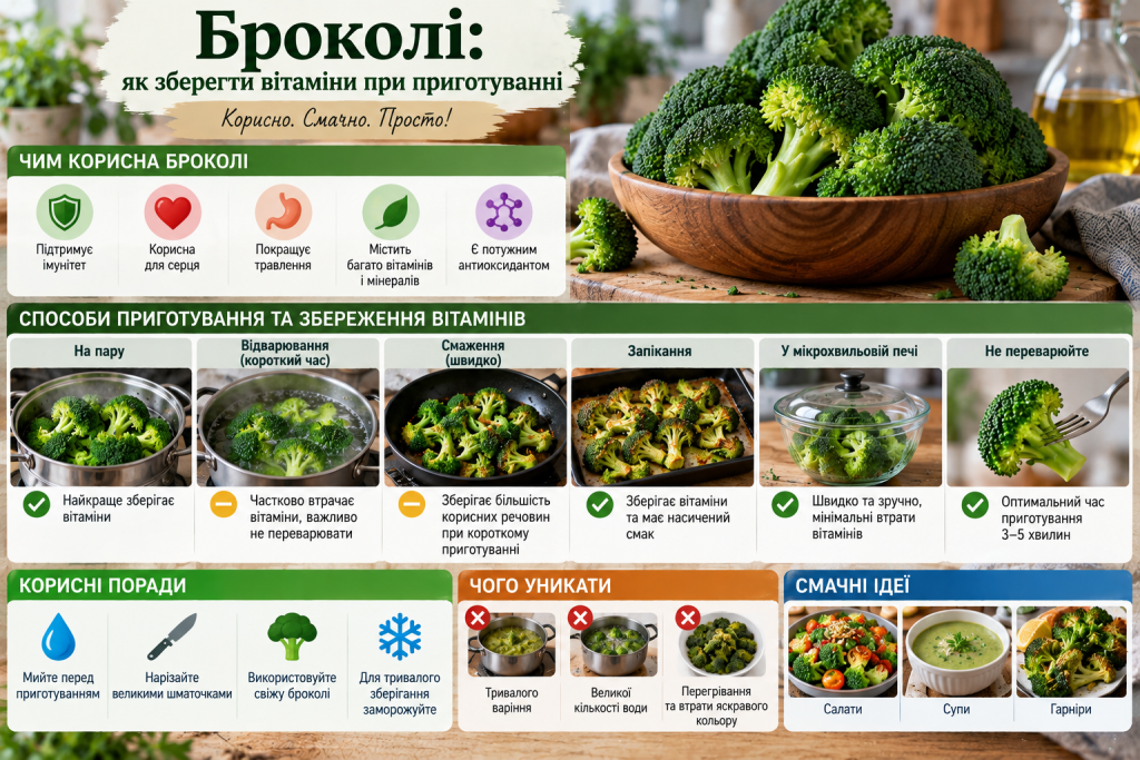 Інфографіка про способи приготування броколі зі збереженням вітамінів, зокрема на пару, запікання та коротке відварювання
