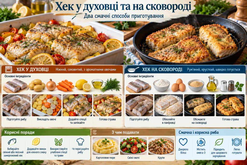 Інфографіка з рецептами хека в духовці та на сковороді, основними інгредієнтами, етапами приготування та варіантами подачі
