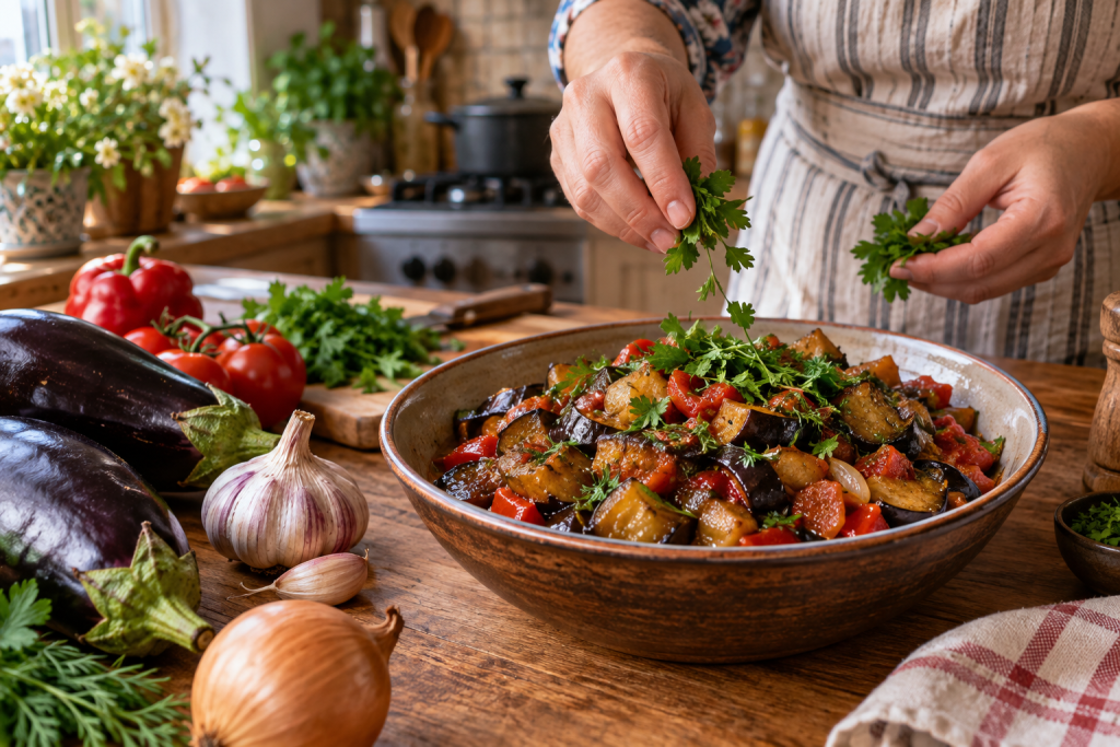 Жінка готує тушковані баклажани з помідорами, солодким перцем, цибулею та зеленню на домашній кухні.