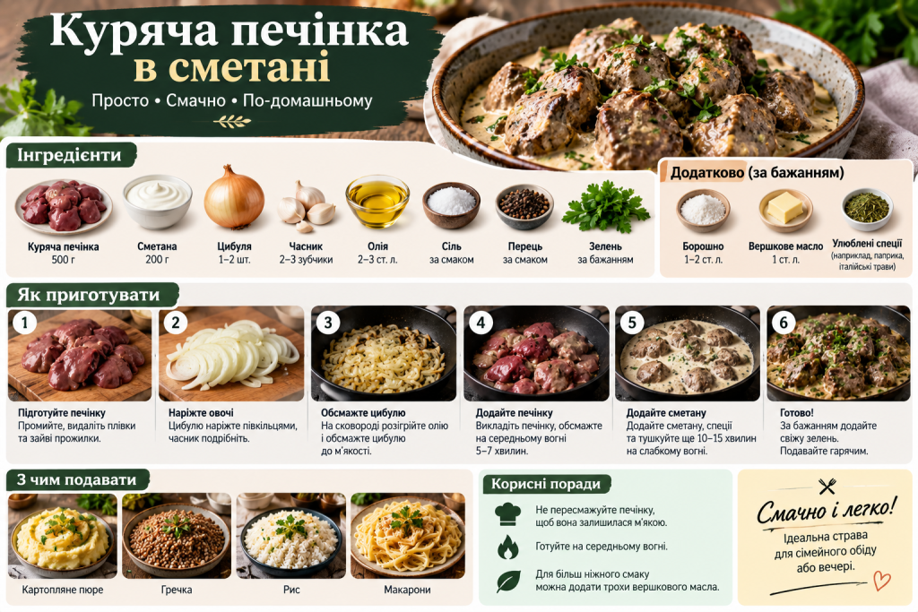 Інфографіка з рецептом курячої печінки в сметані, списком інгредієнтів, етапами приготування та варіантами подачі.