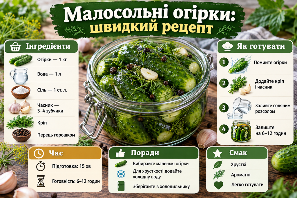 Кулінарна інфографіка з рецептом малосольних огірків, необхідними інгредієнтами, приготуванням розсолу та основними етапами засолювання.