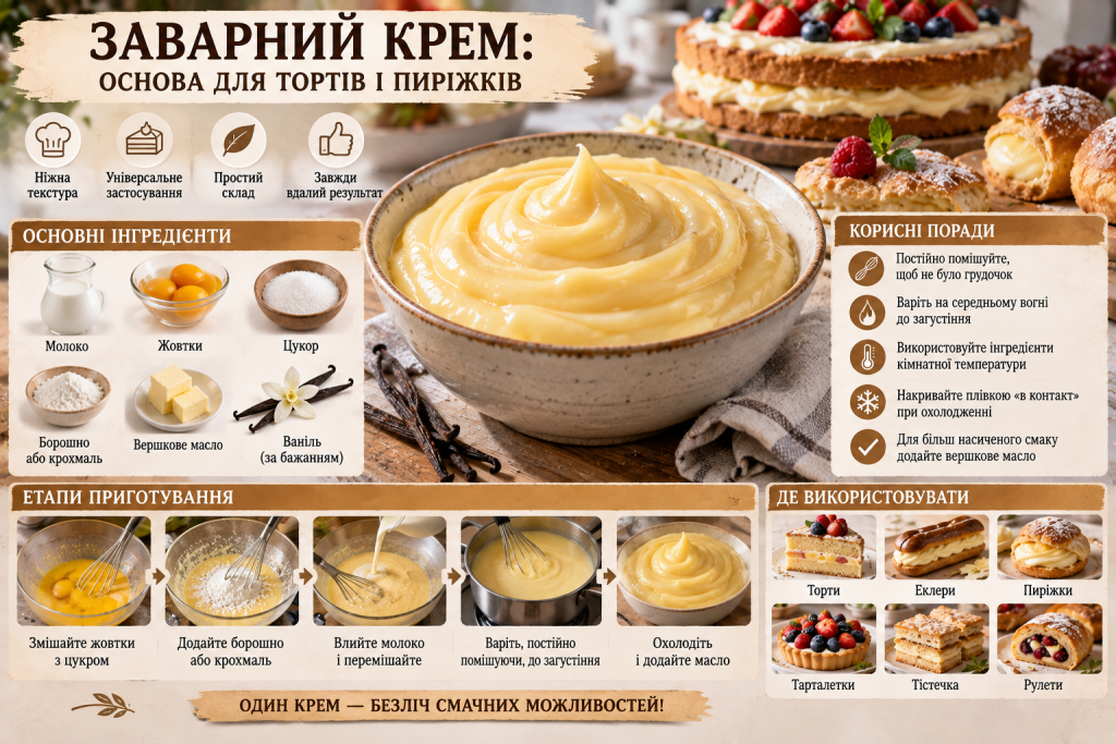 Інфографіка з рецептом заварного крему, основними інгредієнтами, етапами приготування та варіантами використання