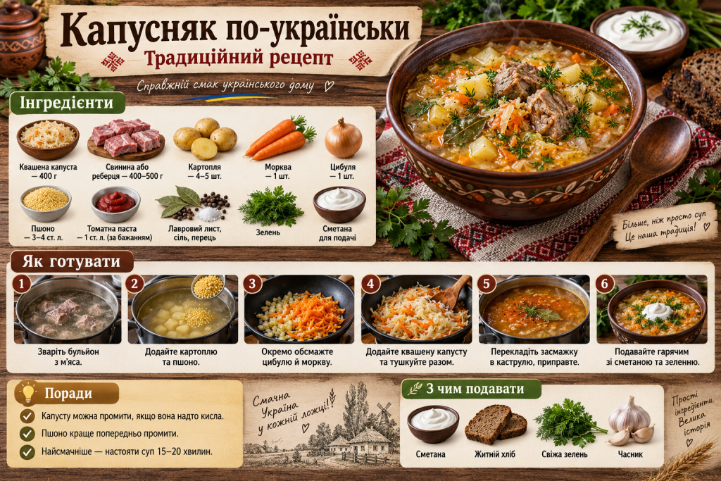 Інфографіка з традиційним рецептом українського капусняку з квашеною капустою, м’ясом, картоплею, пшоном та покроковим приготуванням.