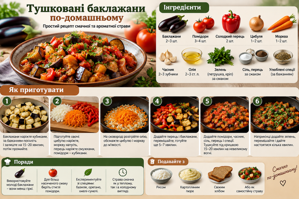 Інфографіка з рецептом тушкованих баклажанів по-домашньому, переліком інгредієнтів, етапами приготування та порадами для подачі.