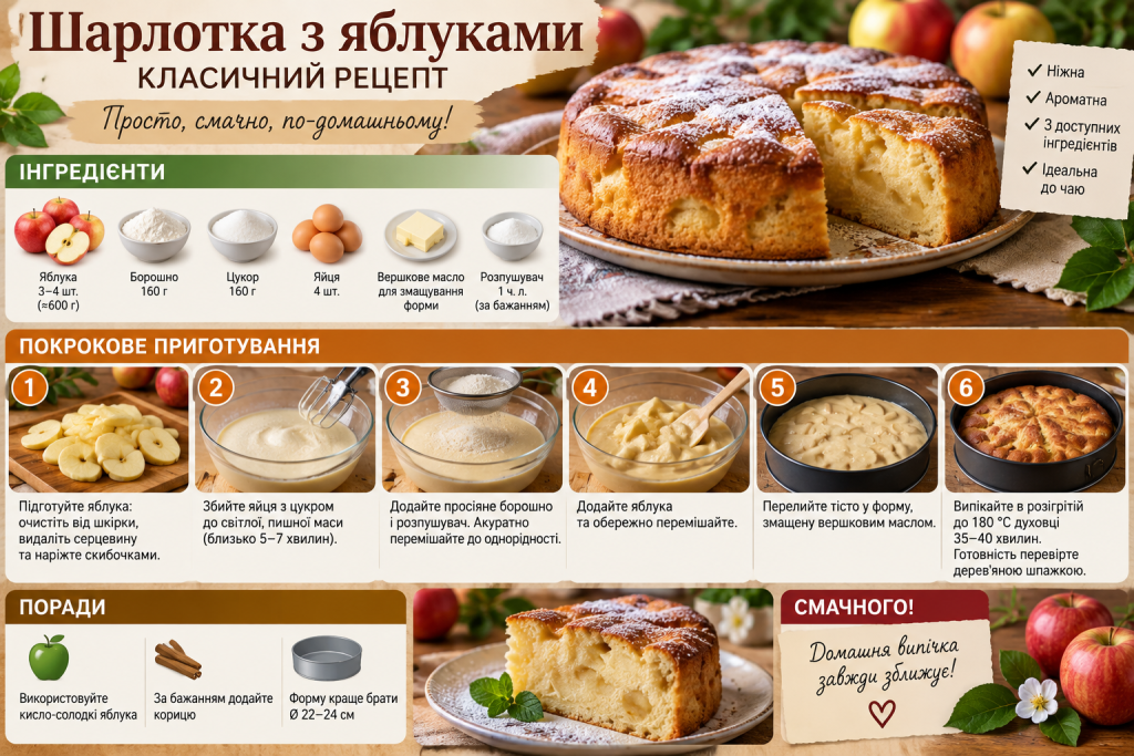 Інфографіка з класичним рецептом шарлотки з яблуками, інгредієнтами, етапами приготування та порадами для випічки