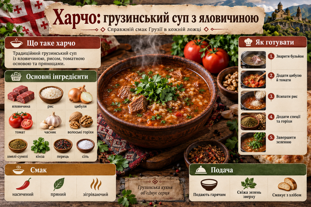 Інфографіка про суп харчо з яловичиною, рисом, томатами, спеціями, основними інгредієнтами та етапами приготування