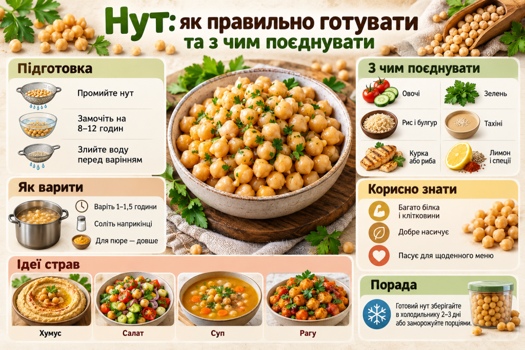 Кулінарна інфографіка про правильне приготування нуту, замочування, тривалість варіння, корисні властивості та варіанти страв із турецького гороху.