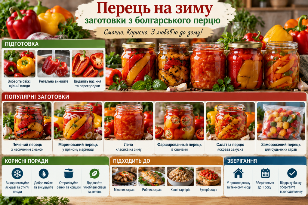 Інфографіка про заготовки болгарського перцю на зиму, маринування, запікання, лечо, фарширування та заморожування